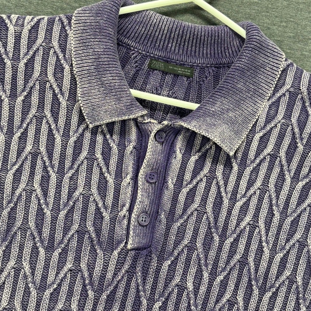 Zara Sweater Mens XL Cable Knit Polo Collar Button Placket 100% Cotton Purple